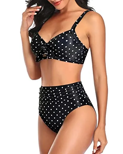 Adjustable Spaghetti Straps Women High Waisted Bikini Set-Black Dot
