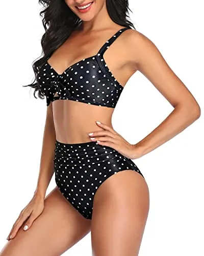Adjustable Spaghetti Straps Women High Waisted Bikini Set-Black Dot