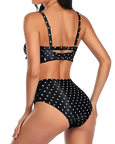 Adjustable Spaghetti Straps Women High Waisted Bikini Set-Black Dot