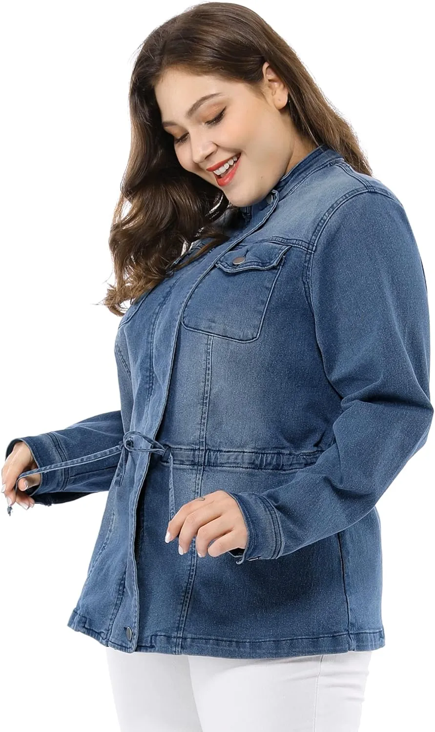 Agnes Orinda Women's Plus Size Denim Jacket Stretch Stand Collar Zip Drawstring Jean Jackets 2024