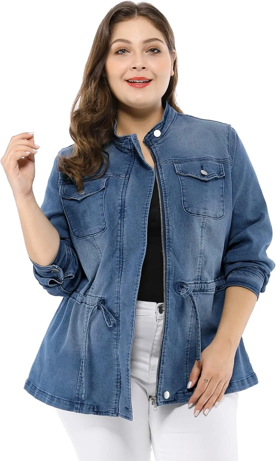 Agnes Orinda Women's Plus Size Denim Jacket Stretch Stand Collar Zip Drawstring Jean Jackets 2024