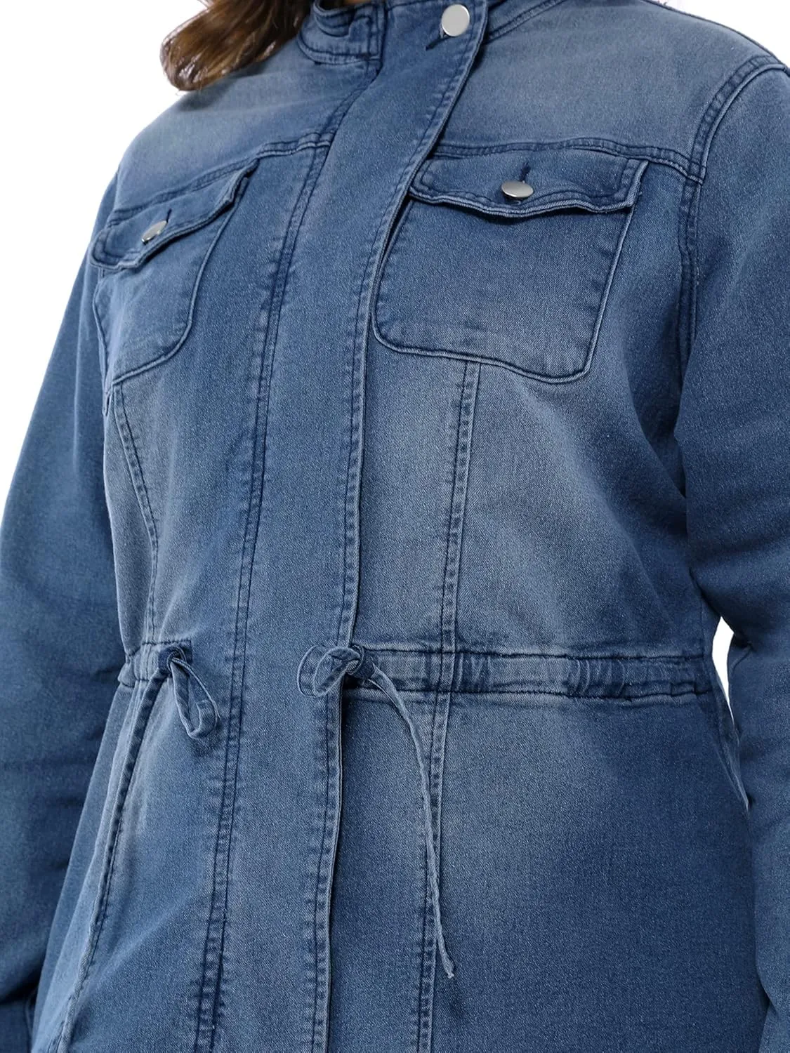 Agnes Orinda Women's Plus Size Denim Jacket Stretch Stand Collar Zip Drawstring Jean Jackets 2024