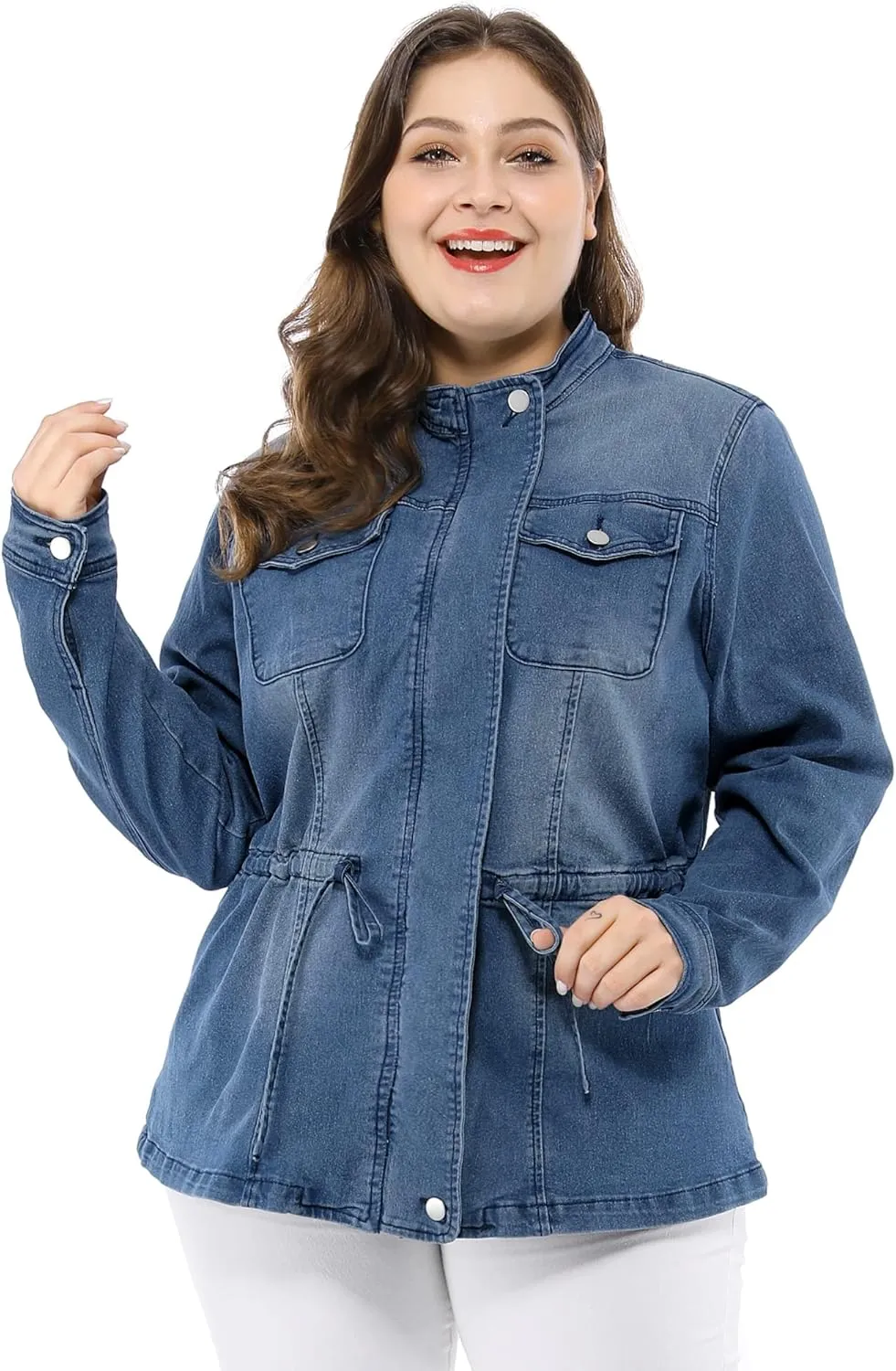 Agnes Orinda Women's Plus Size Denim Jacket Stretch Stand Collar Zip Drawstring Jean Jackets 2024