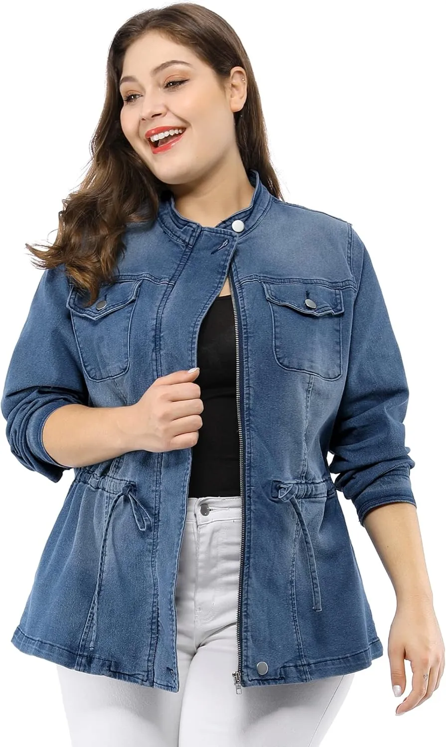 Agnes Orinda Women's Plus Size Denim Jacket Stretch Stand Collar Zip Drawstring Jean Jackets 2024