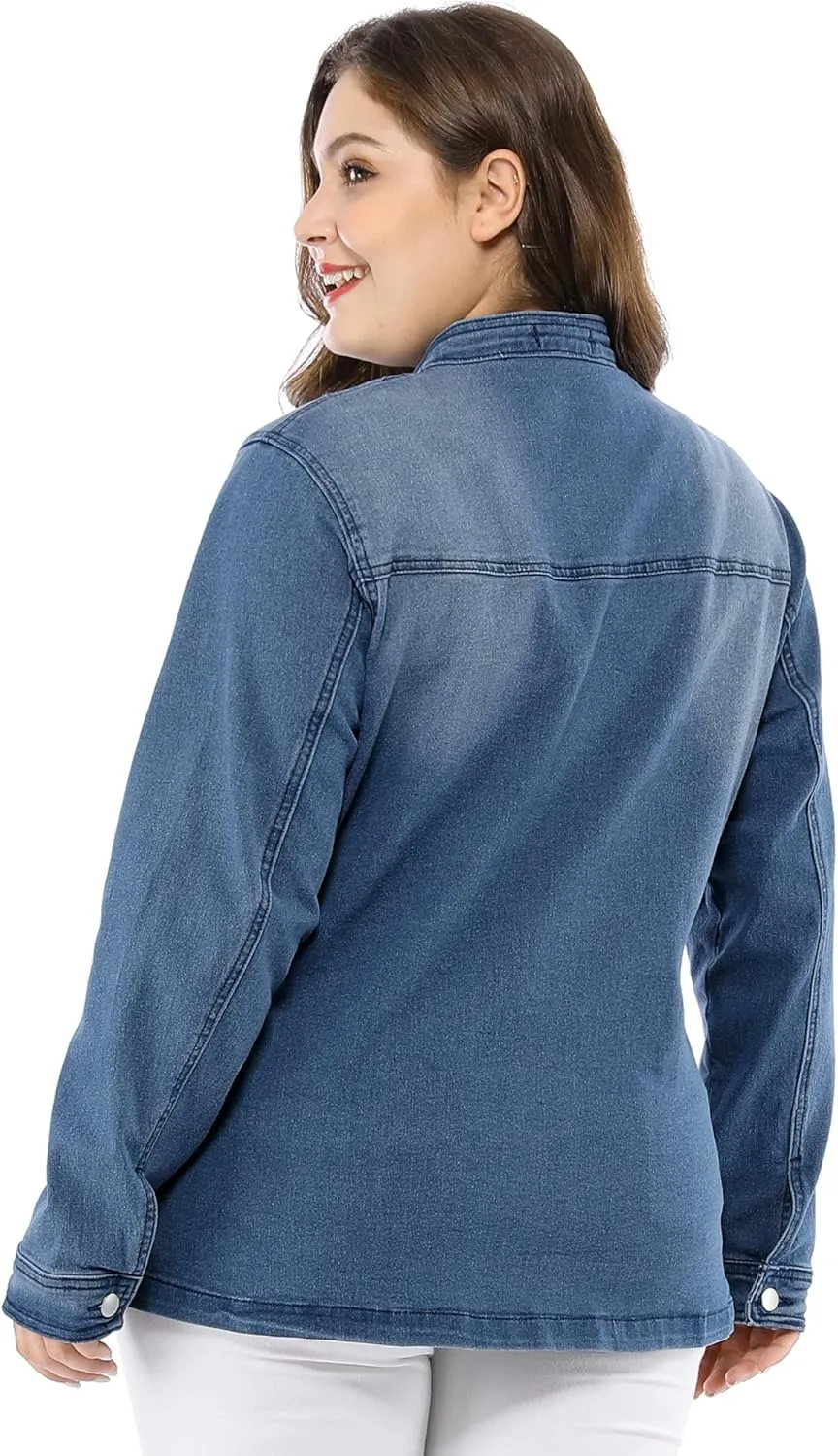 Agnes Orinda Women's Plus Size Denim Jacket Stretch Stand Collar Zip Drawstring Jean Jackets 2024