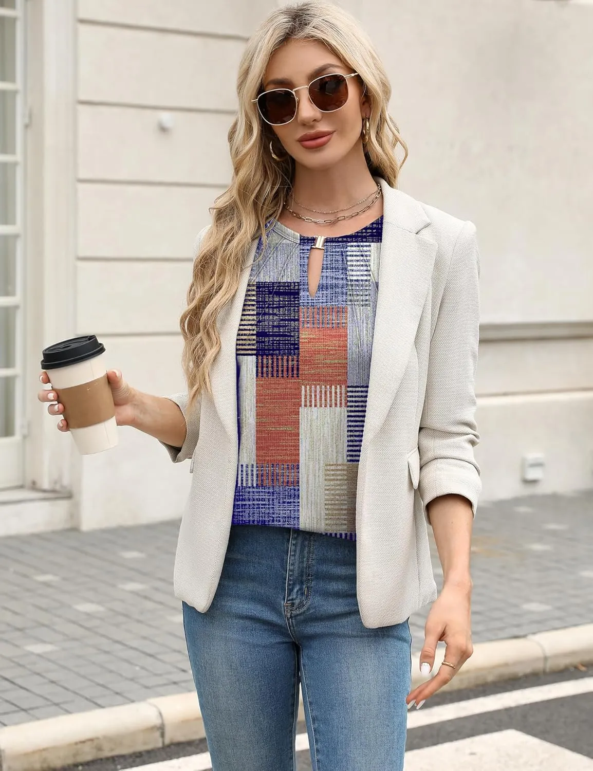 AKEWEI Womens Fall Long Sleeve Tops Work Casual Dressy Shirts for Women Keyhole Pleated Puff Sleeve Blouse
