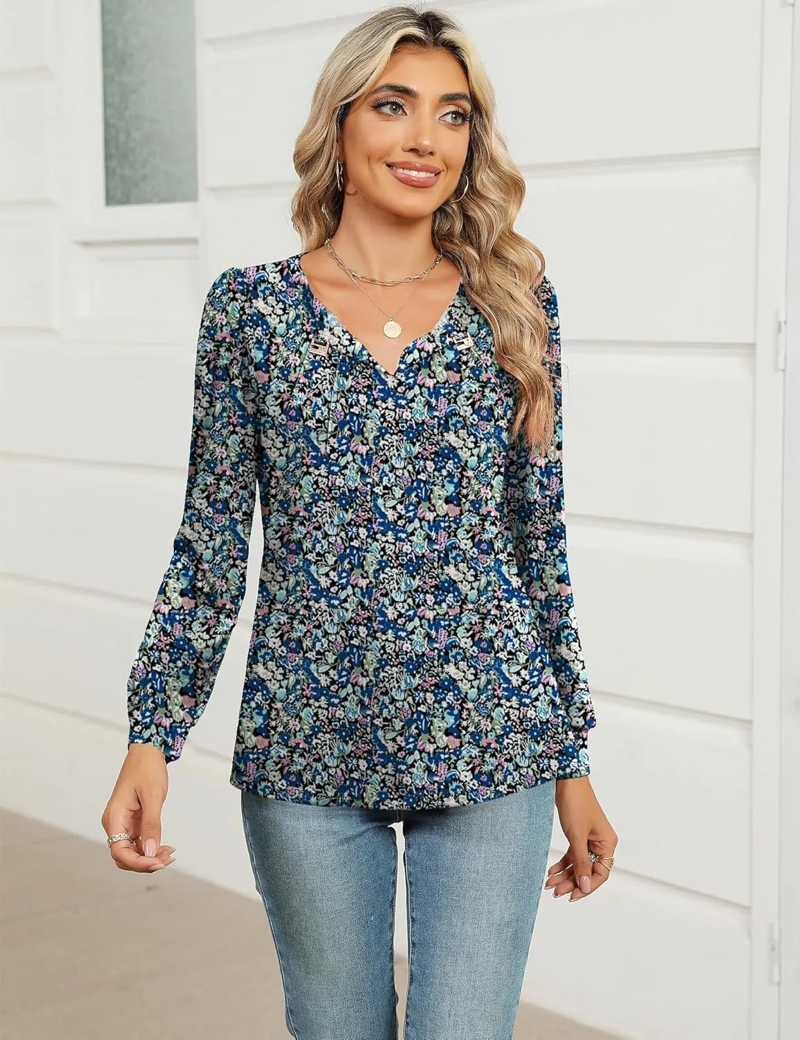 AKEWEI Womens Fall Long Sleeve Tops Work Casual Dressy Shirts for Women Keyhole Pleated Puff Sleeve Blouse