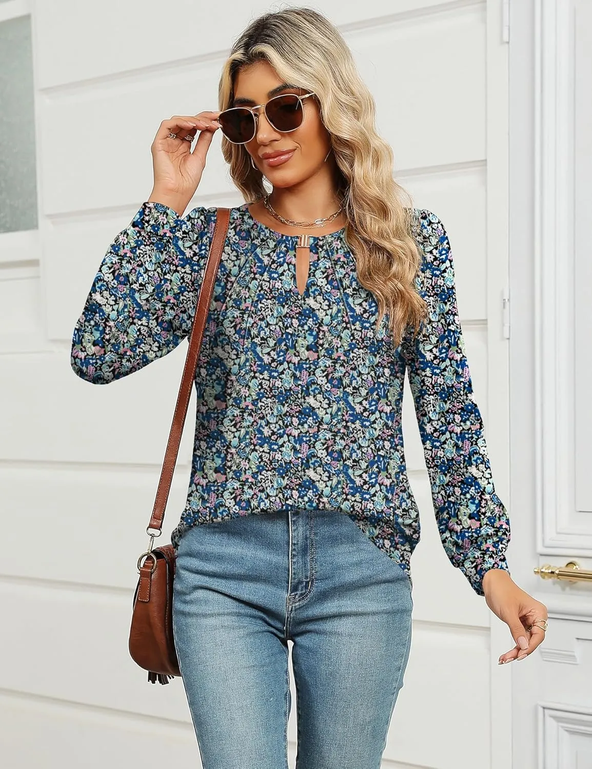 AKEWEI Womens Fall Long Sleeve Tops Work Casual Dressy Shirts for Women Keyhole Pleated Puff Sleeve Blouse