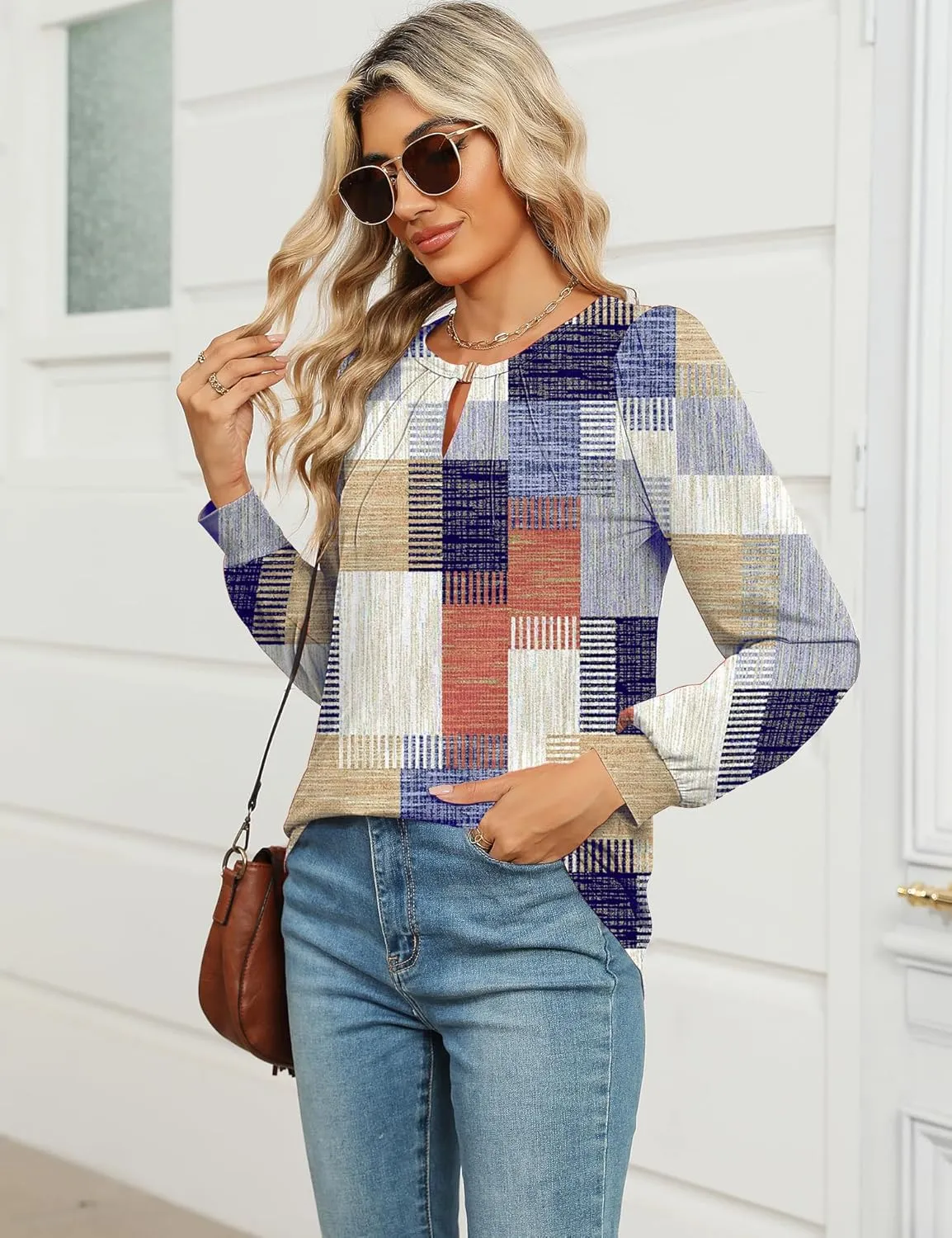 AKEWEI Womens Fall Long Sleeve Tops Work Casual Dressy Shirts for Women Keyhole Pleated Puff Sleeve Blouse