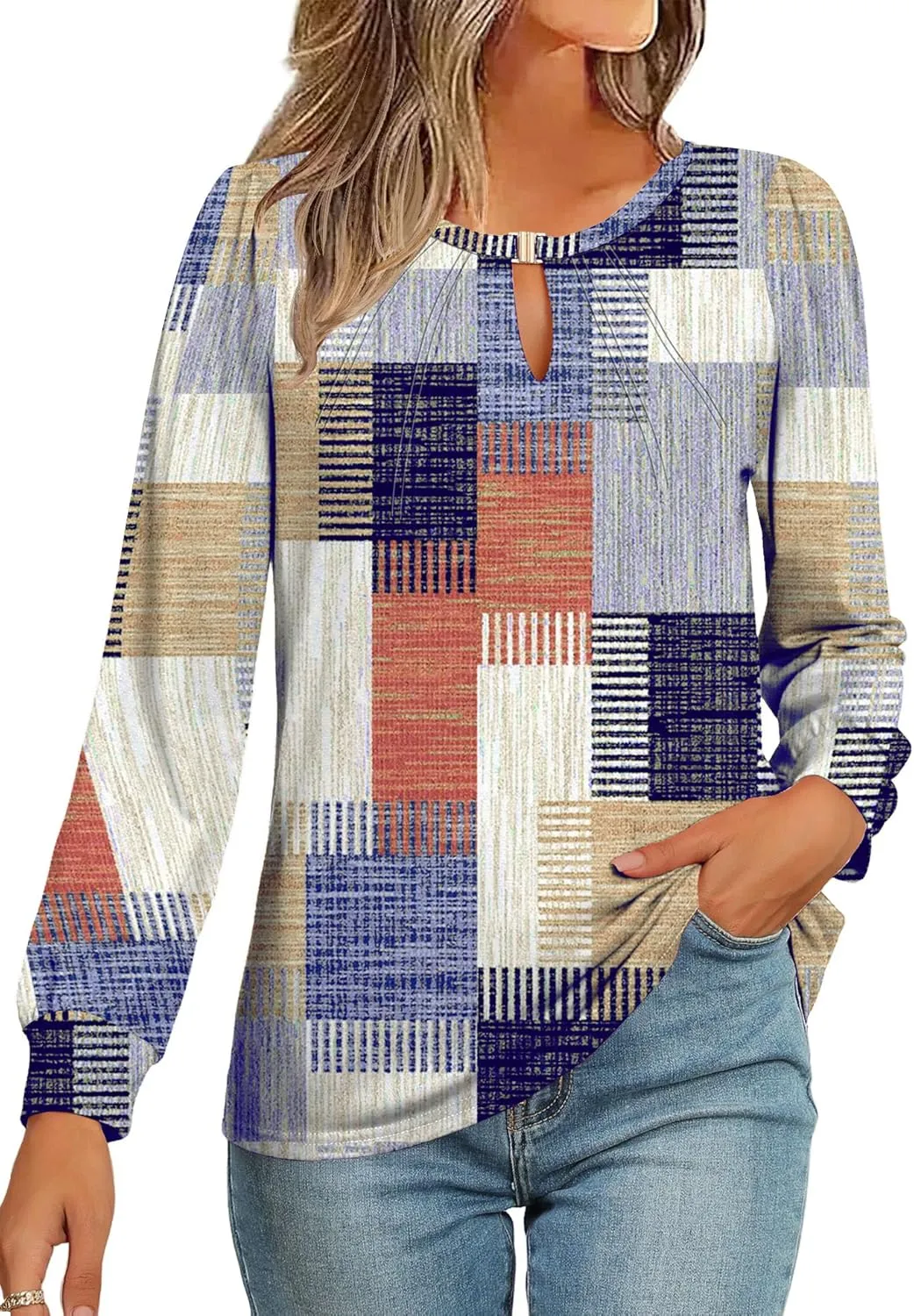AKEWEI Womens Fall Long Sleeve Tops Work Casual Dressy Shirts for Women Keyhole Pleated Puff Sleeve Blouse