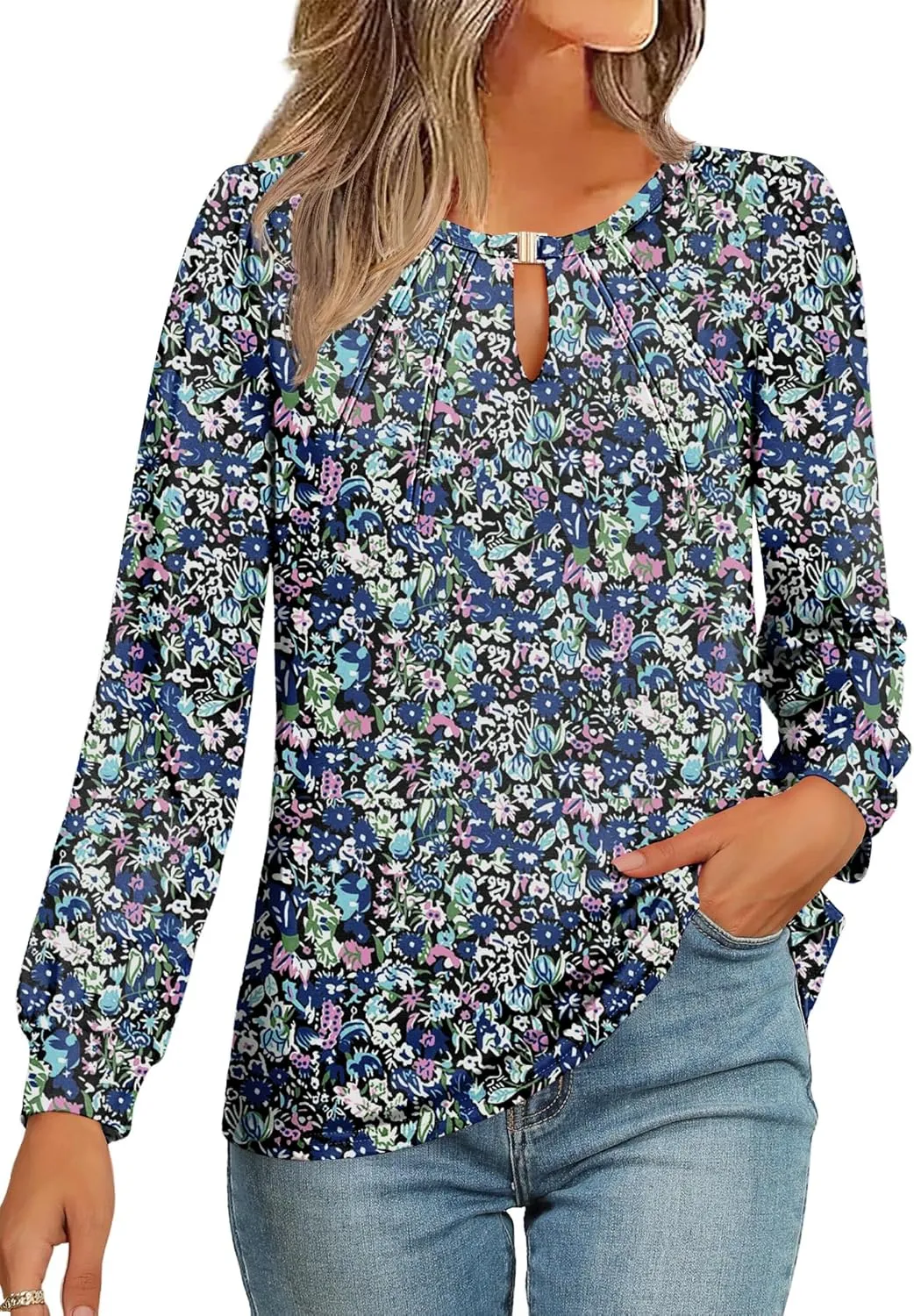 AKEWEI Womens Fall Long Sleeve Tops Work Casual Dressy Shirts for Women Keyhole Pleated Puff Sleeve Blouse