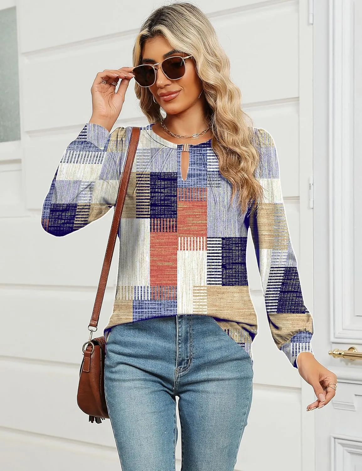 AKEWEI Womens Fall Long Sleeve Tops Work Casual Dressy Shirts for Women Keyhole Pleated Puff Sleeve Blouse