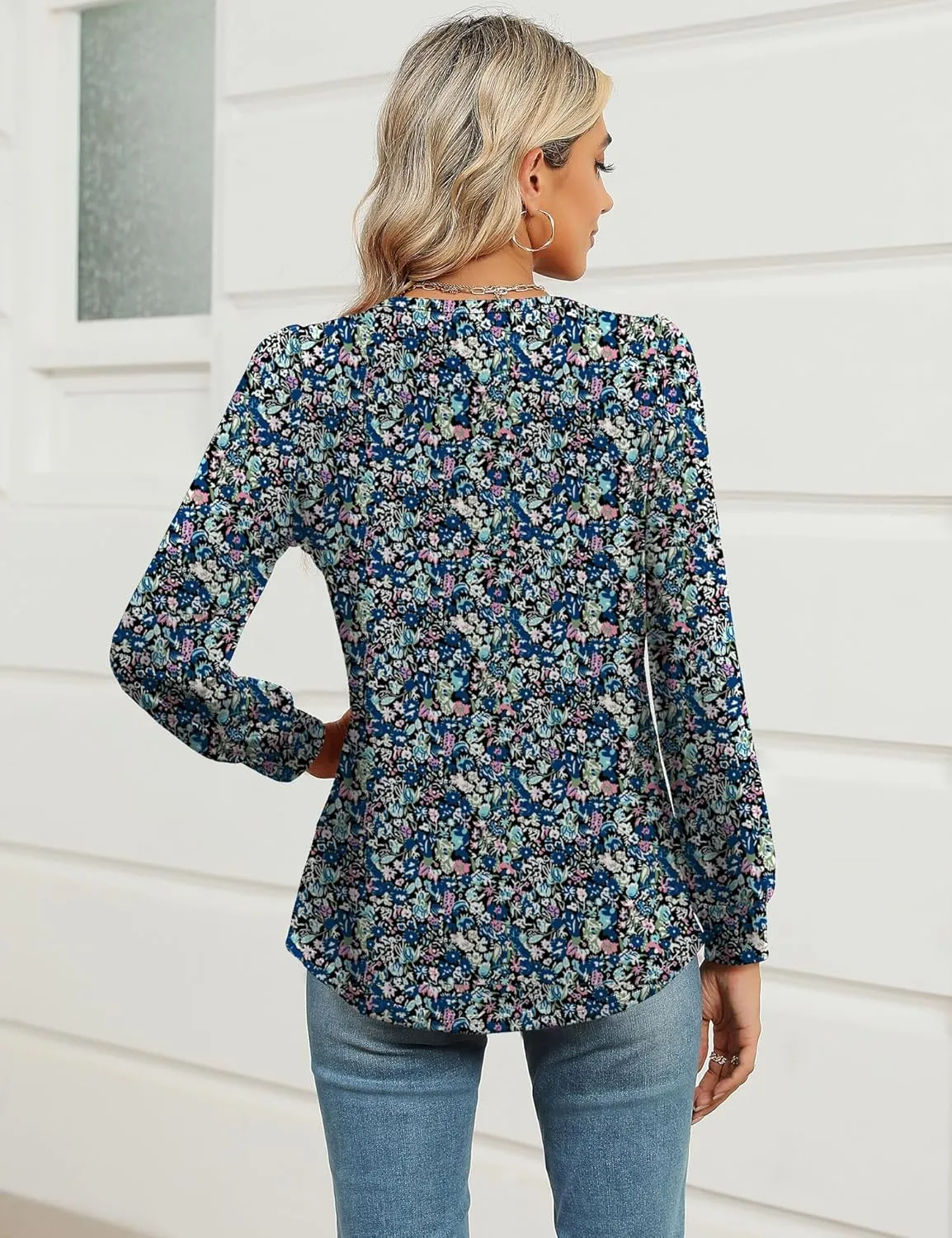 AKEWEI Womens Fall Long Sleeve Tops Work Casual Dressy Shirts for Women Keyhole Pleated Puff Sleeve Blouse