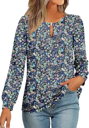 AKEWEI Womens Fall Long Sleeve Tops Work Casual Dressy Shirts for Women Keyhole Pleated Puff Sleeve Blouse
