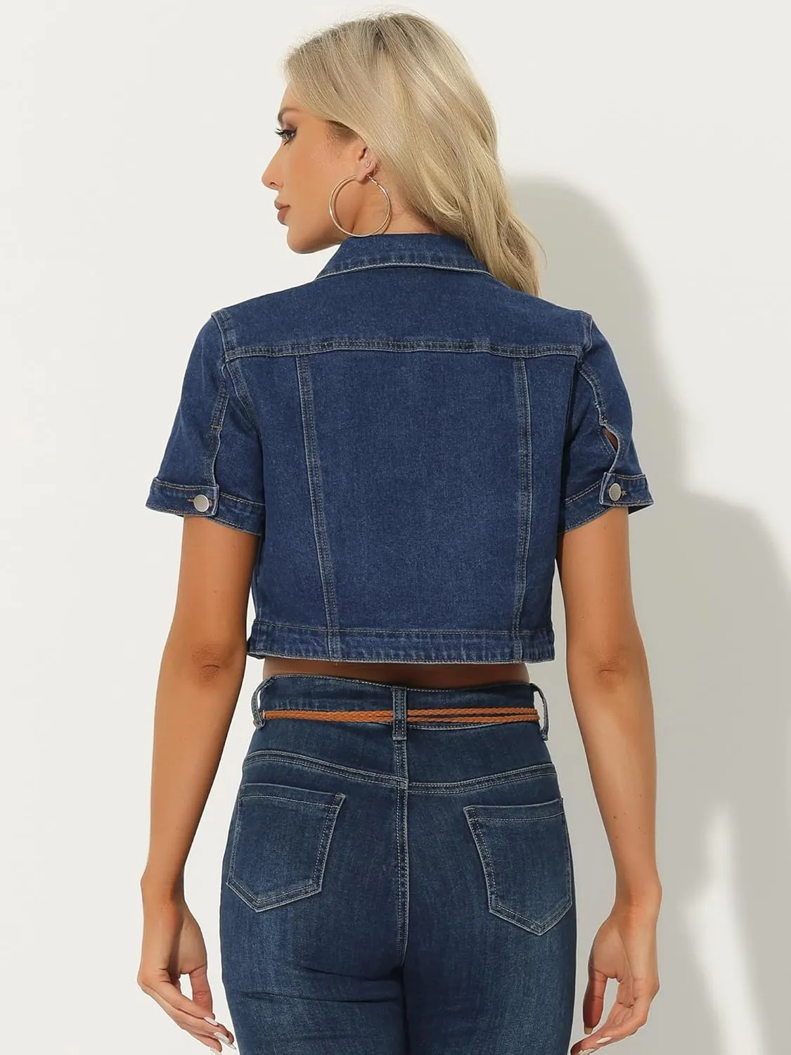 Allegra K Casual Denim Jacket for Women's Turndown Collar Short Sleeves Crop Jean Jackets