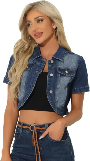 Allegra K Casual Denim Jacket for Women's Turndown Collar Short Sleeves Crop Jean Jackets