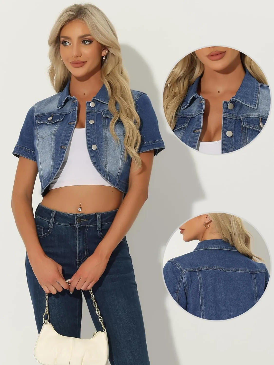 Allegra K Casual Denim Jacket for Women's Turndown Collar Short Sleeves Crop Jean Jackets