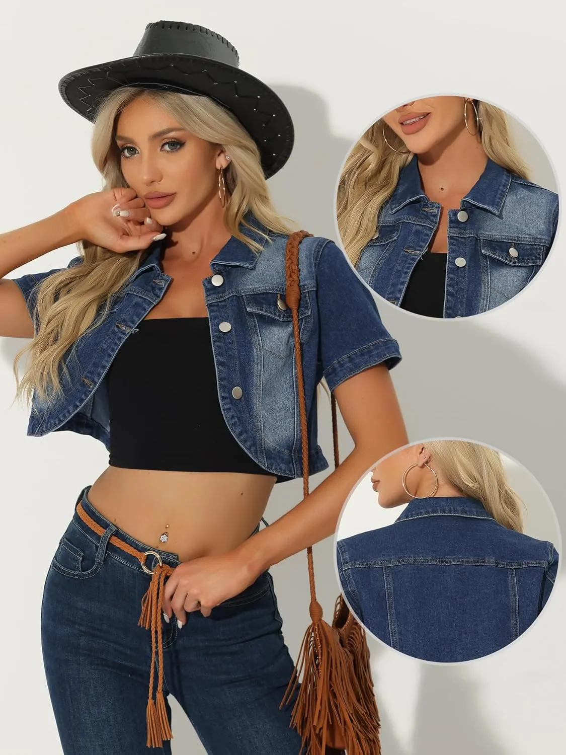 Allegra K Casual Denim Jacket for Women's Turndown Collar Short Sleeves Crop Jean Jackets