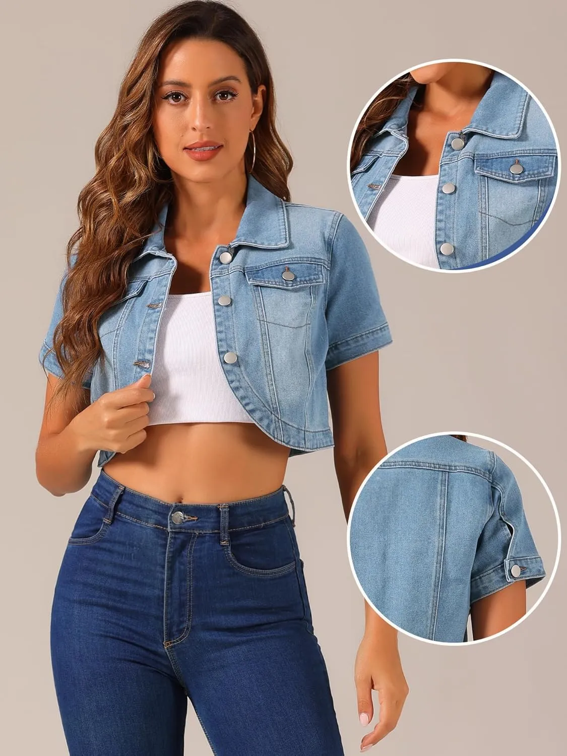 Allegra K Casual Denim Jacket for Women's Turndown Collar Short Sleeves Crop Jean Jackets