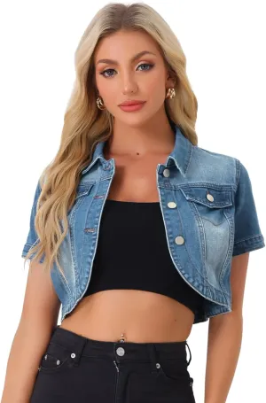 Allegra K Casual Denim Jacket for Women's Turndown Collar Short Sleeves Crop Jean Jackets