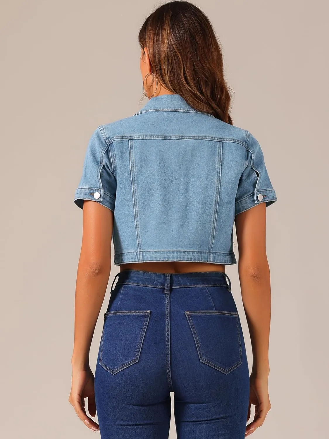 Allegra K Casual Denim Jacket for Women's Turndown Collar Short Sleeves Crop Jean Jackets