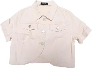 Allegra K Casual Denim Jacket for Women's Turndown Collar Short Sleeves Crop Jean Jackets