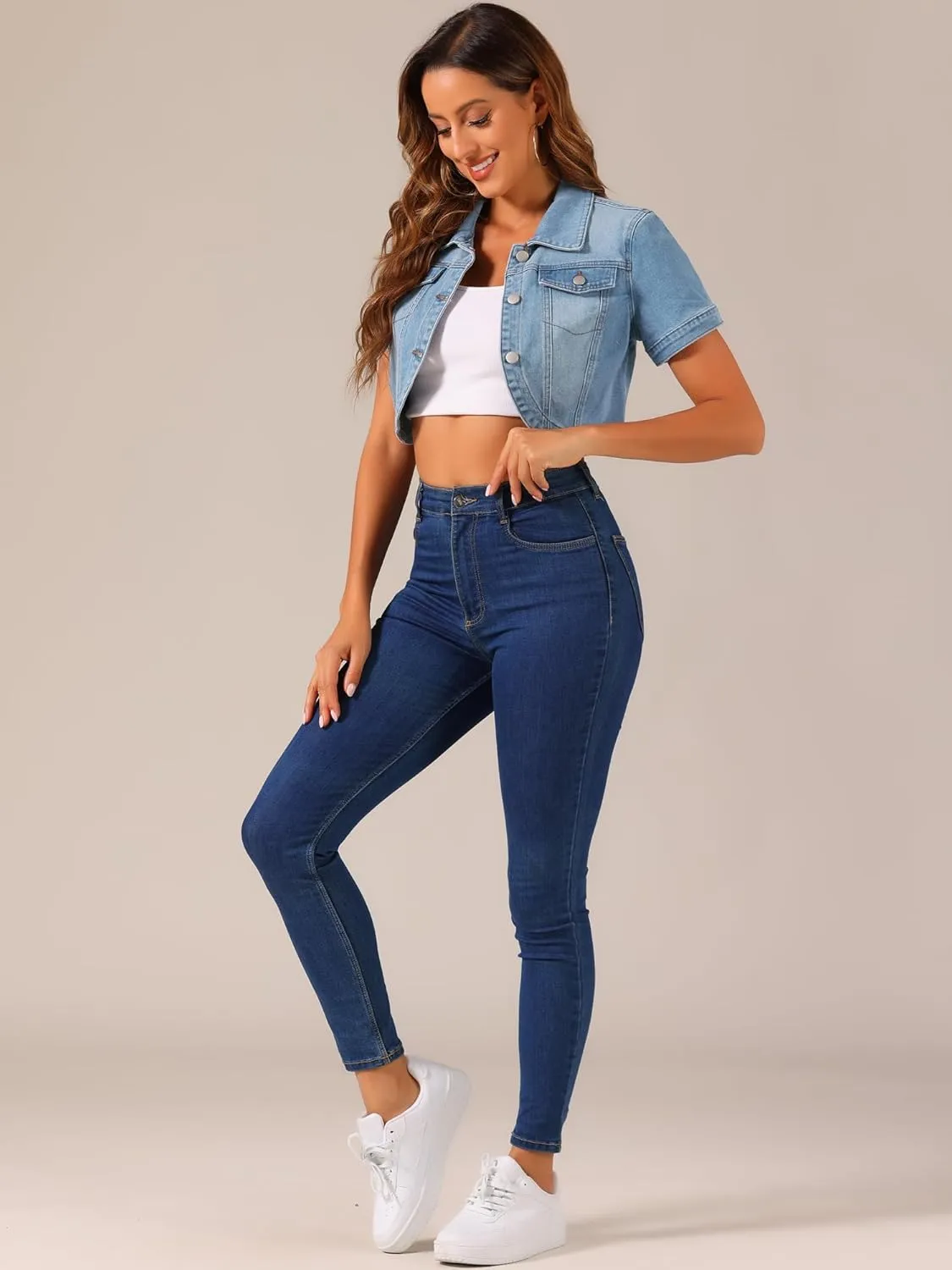 Allegra K Casual Denim Jacket for Women's Turndown Collar Short Sleeves Crop Jean Jackets