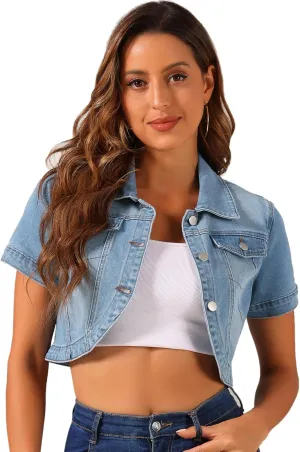 Allegra K Casual Denim Jacket for Women's Turndown Collar Short Sleeves Crop Jean Jackets
