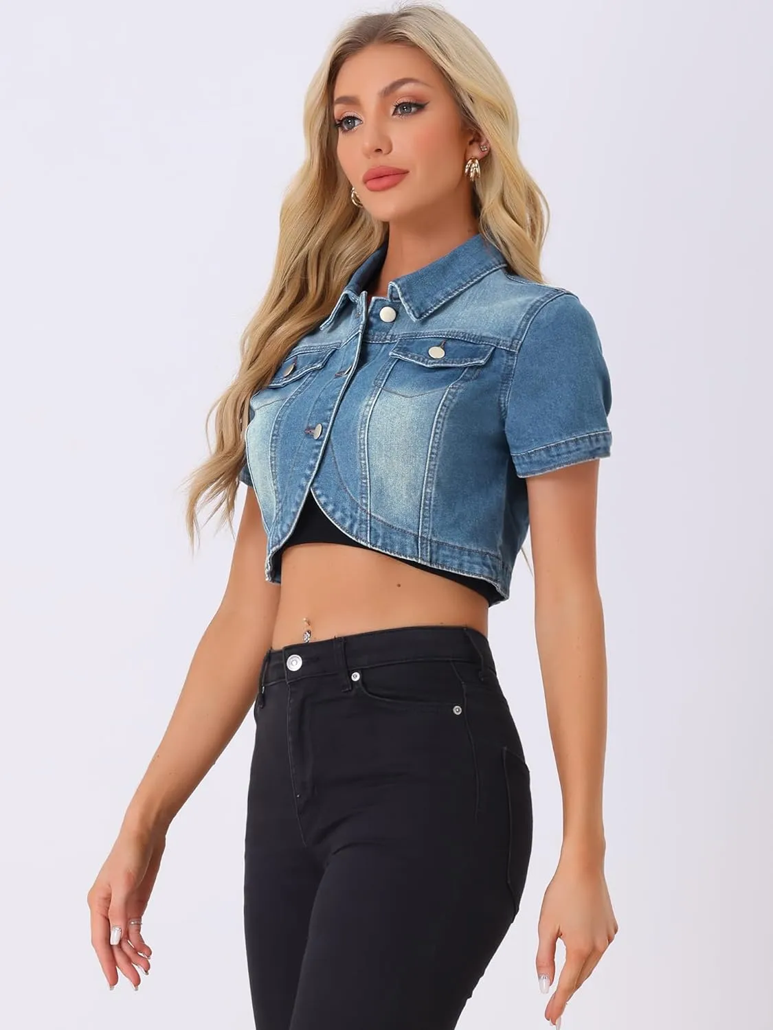Allegra K Casual Denim Jacket for Women's Turndown Collar Short Sleeves Crop Jean Jackets