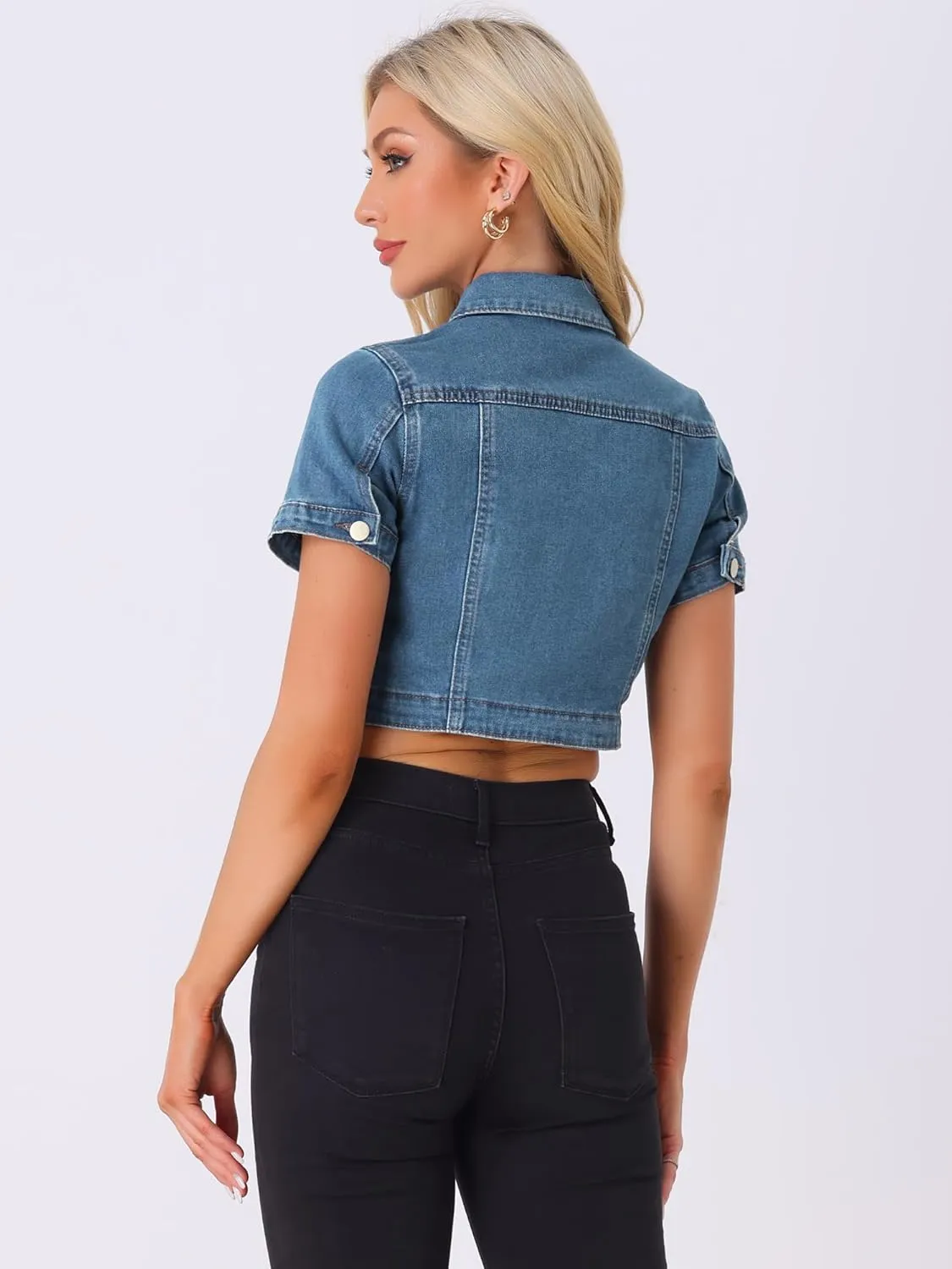 Allegra K Casual Denim Jacket for Women's Turndown Collar Short Sleeves Crop Jean Jackets
