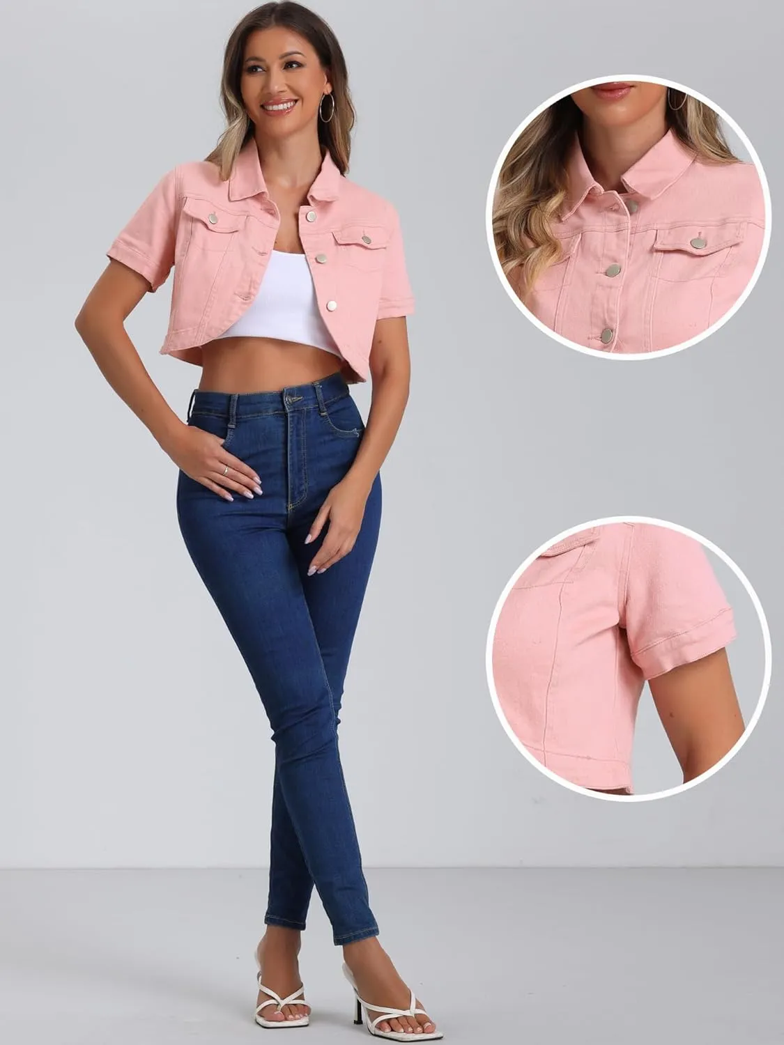 Allegra K Casual Denim Jacket for Women's Turndown Collar Short Sleeves Crop Jean Jackets