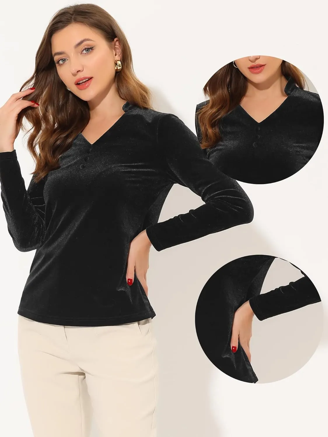 Allegra K Casual Velvet Top for Women's Office Soft Long Sleeve V Neck Christmas T-Shirt