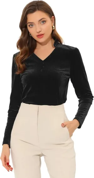 Allegra K Casual Velvet Top for Women's Office Soft Long Sleeve V Neck Christmas T-Shirt