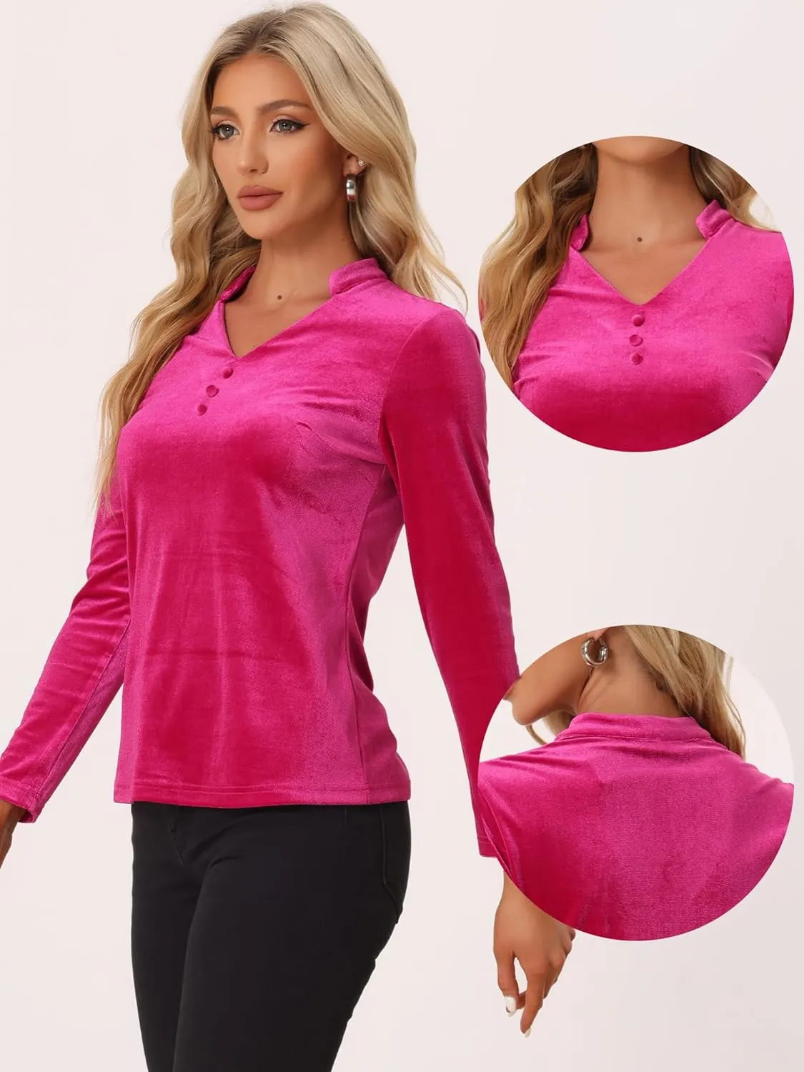 Allegra K Casual Velvet Top for Women's Office Soft Long Sleeve V Neck Christmas T-Shirt