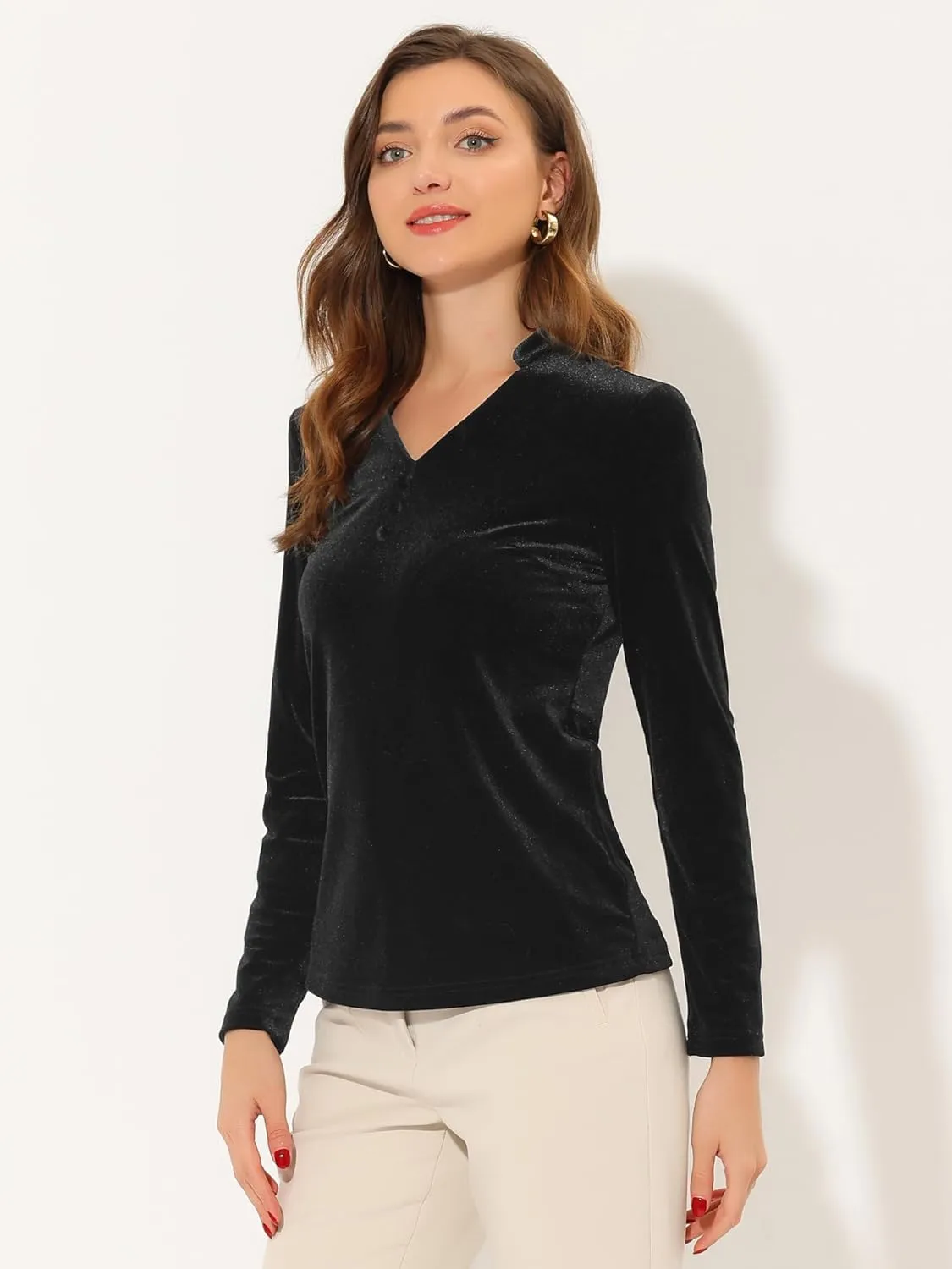 Allegra K Casual Velvet Top for Women's Office Soft Long Sleeve V Neck Christmas T-Shirt