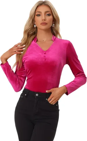 Allegra K Casual Velvet Top for Women's Office Soft Long Sleeve V Neck Christmas T-Shirt