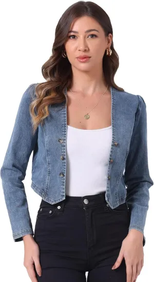 Allegra K Denim Collarless Jackets for Women's Cropped Double Breasted Open Front Jean Cardigan