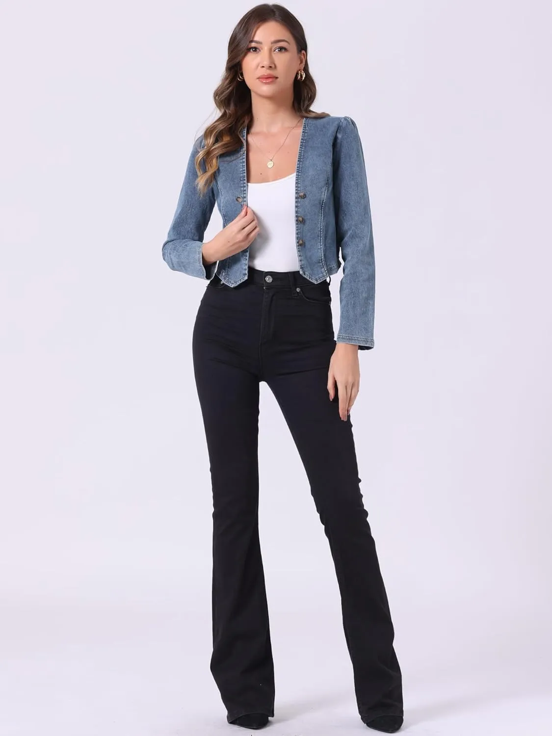 Allegra K Denim Collarless Jackets for Women's Cropped Double Breasted Open Front Jean Cardigan
