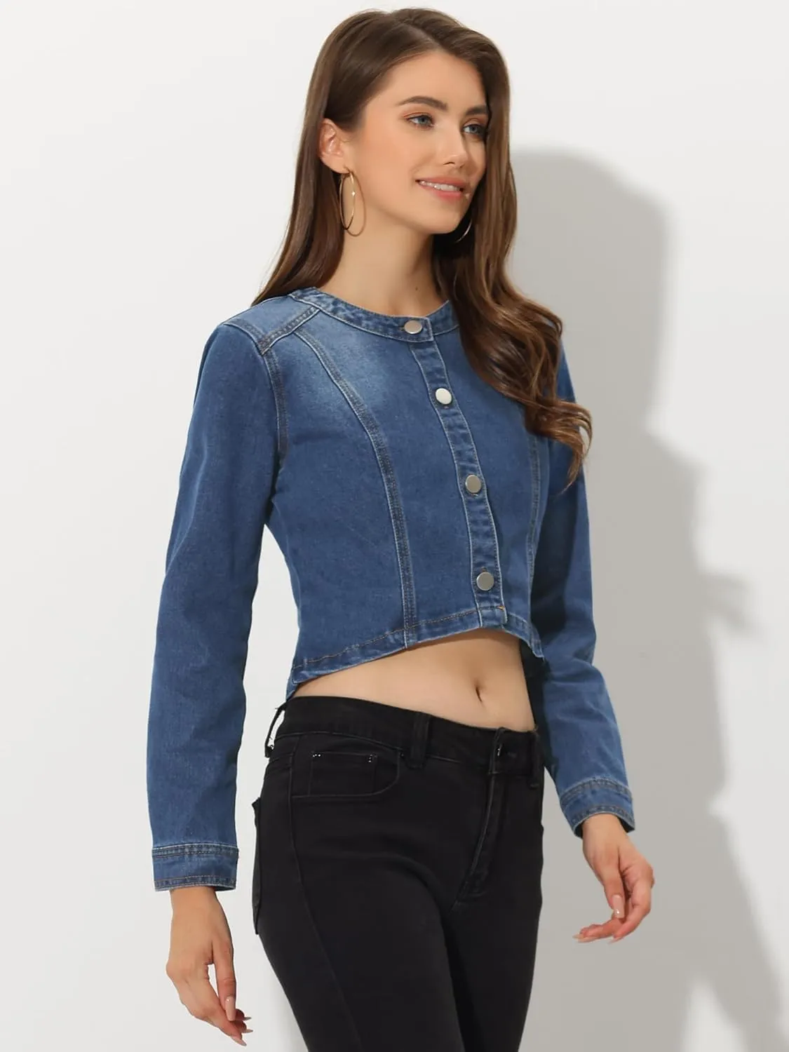 Allegra K Denim Jacket for Women's Collarless Button Down Crop Jean Jackets