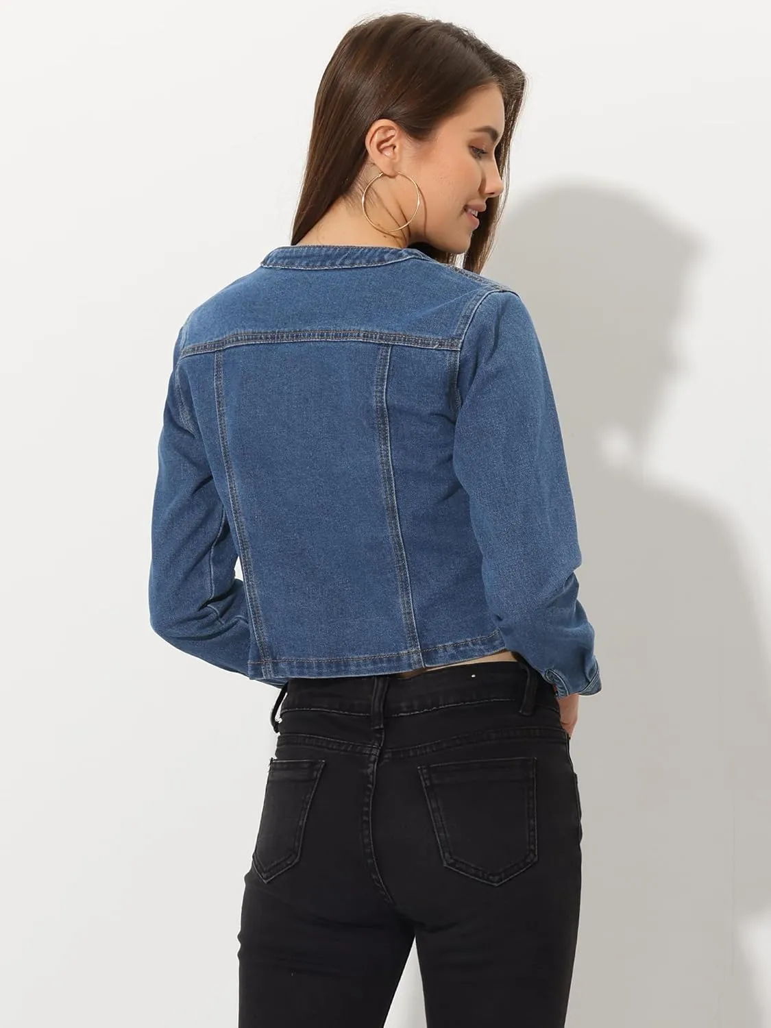 Allegra K Denim Jacket for Women's Collarless Button Down Crop Jean Jackets