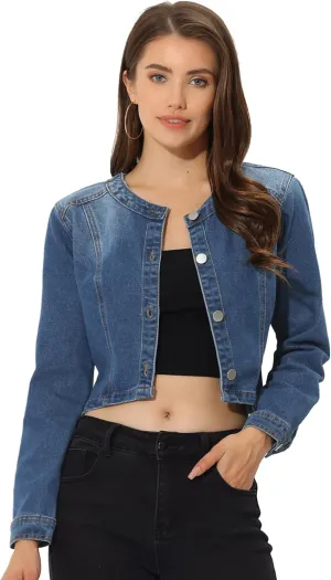 Allegra K Denim Jacket for Women's Collarless Button Down Crop Jean Jackets