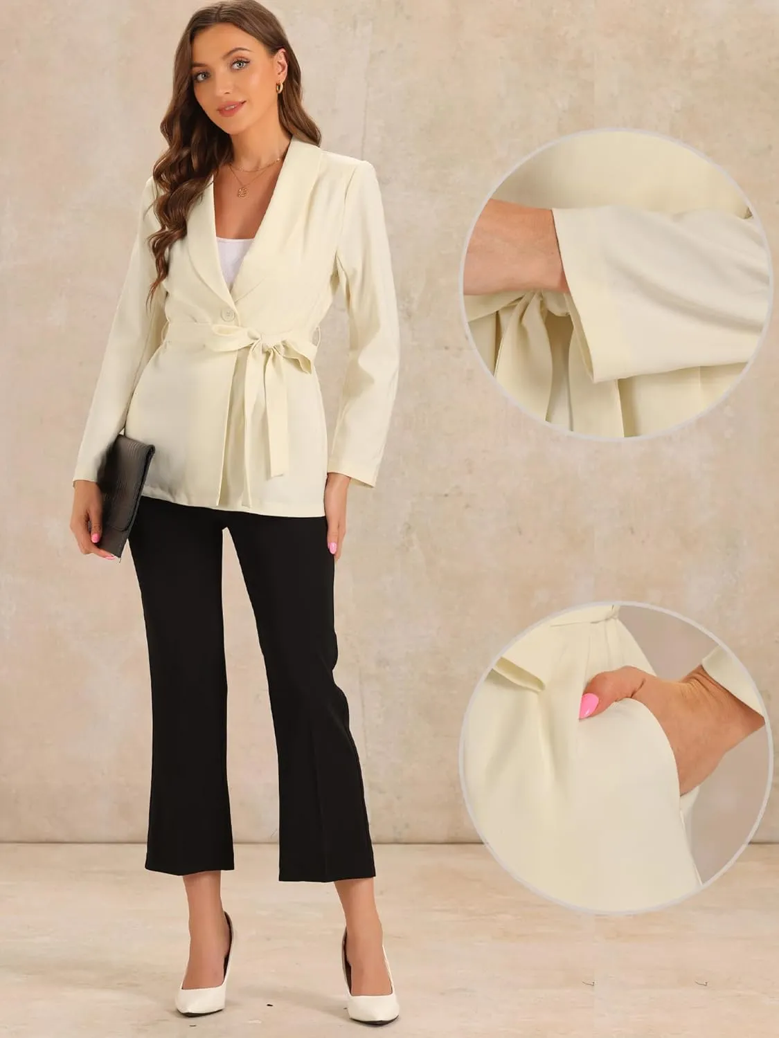 Allegra K Elegant Blazer for Women's Long Sleeve Shawl Collar Belted Button Work Suit Jackets