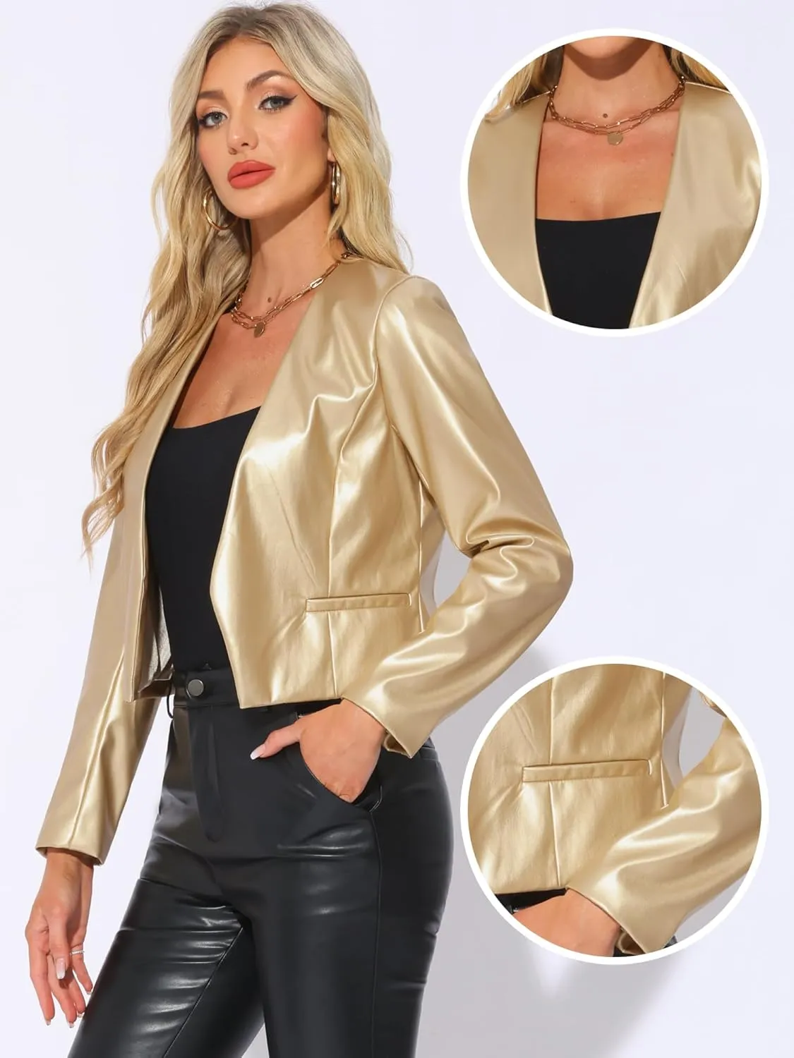 Allegra K Faux Leather Crop Blazer for Women's Collarless Open Front PU Moto Biker Jackets