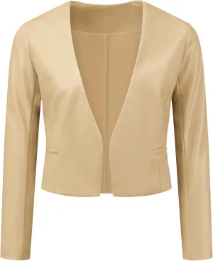 Allegra K Faux Leather Crop Blazer for Women's Collarless Open Front PU Moto Biker Jackets
