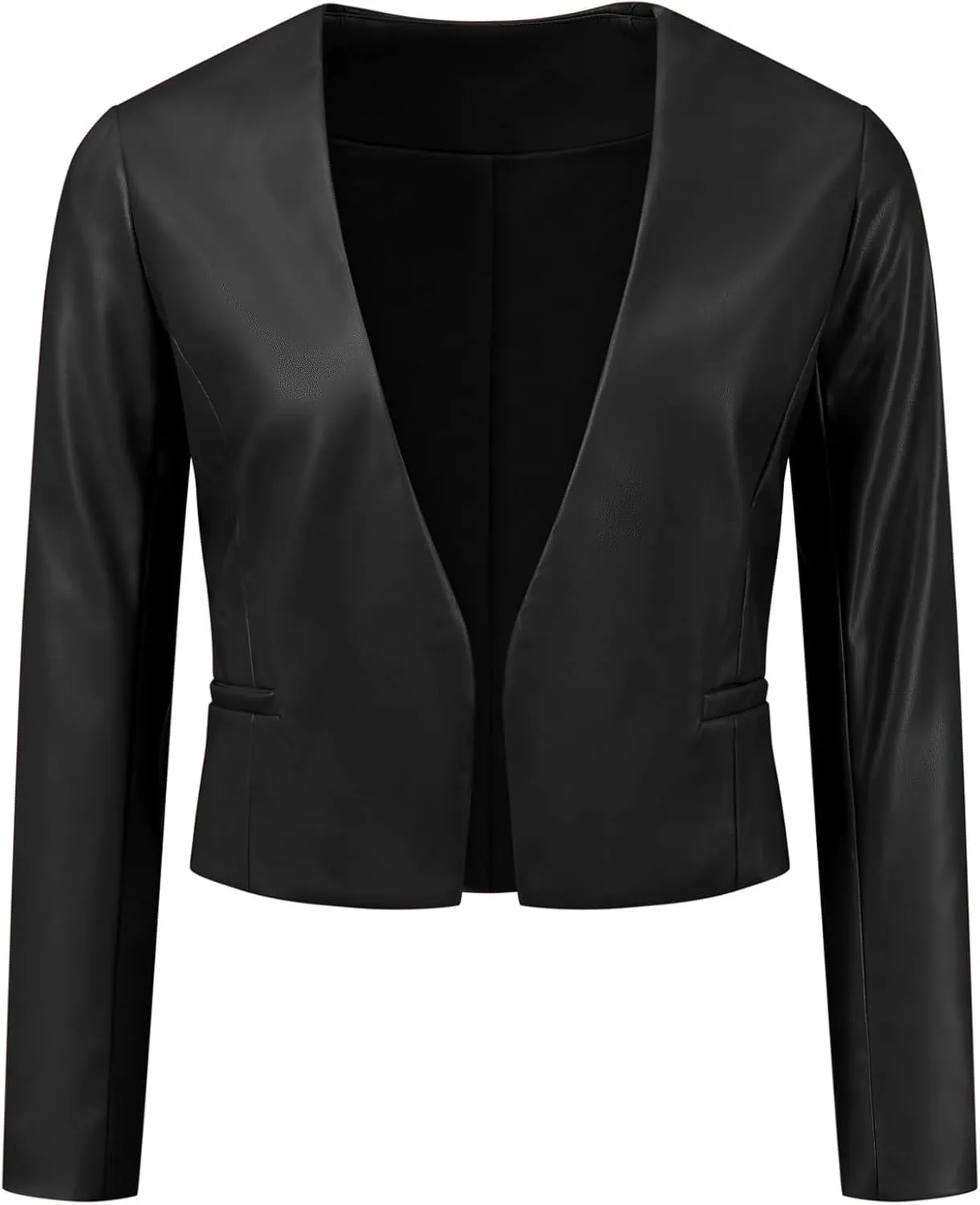 Allegra K Faux Leather Crop Blazer for Women's Collarless Open Front PU Moto Biker Jackets