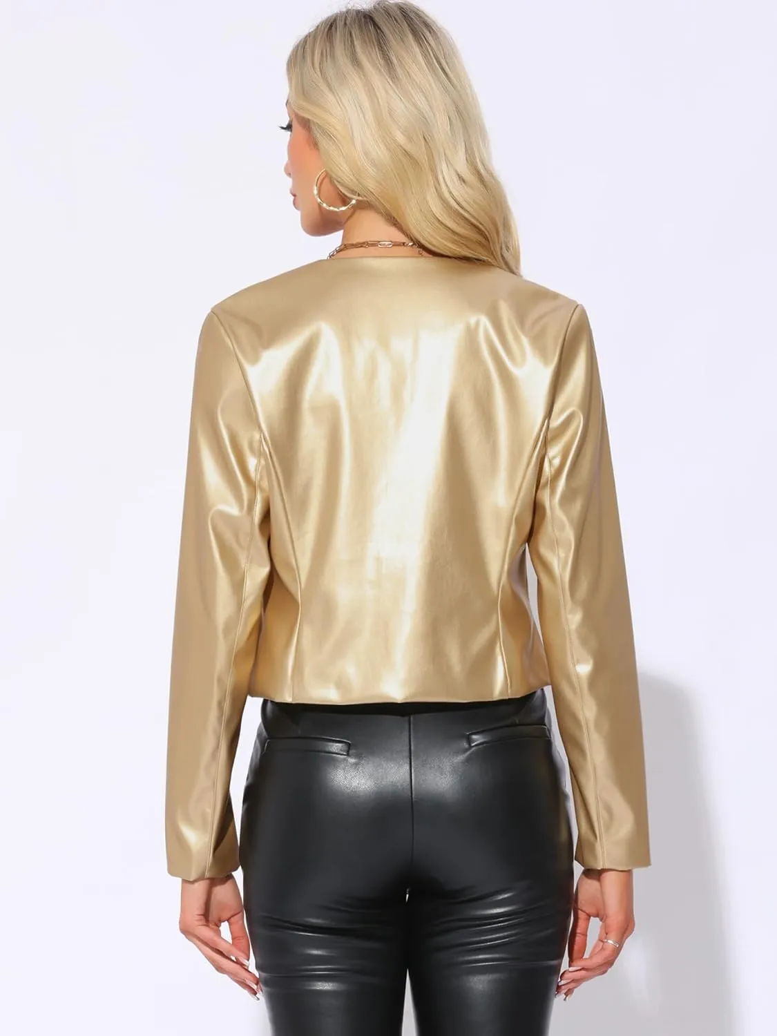 Allegra K Faux Leather Crop Blazer for Women's Collarless Open Front PU Moto Biker Jackets