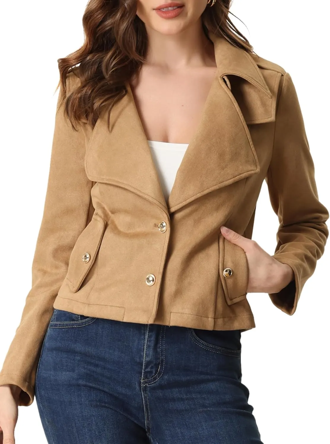 Allegra K Faux Suede Jackets for Women's 2024 Spring Casual Button Down Cropped Jacket
