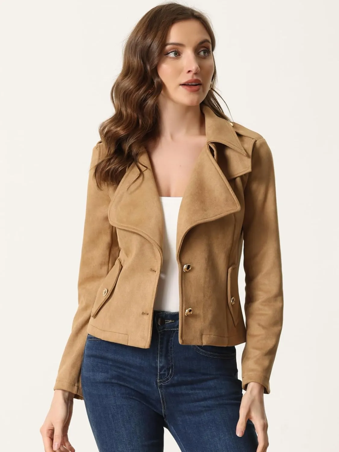 Allegra K Faux Suede Jackets for Women's 2024 Spring Casual Button Down Cropped Jacket