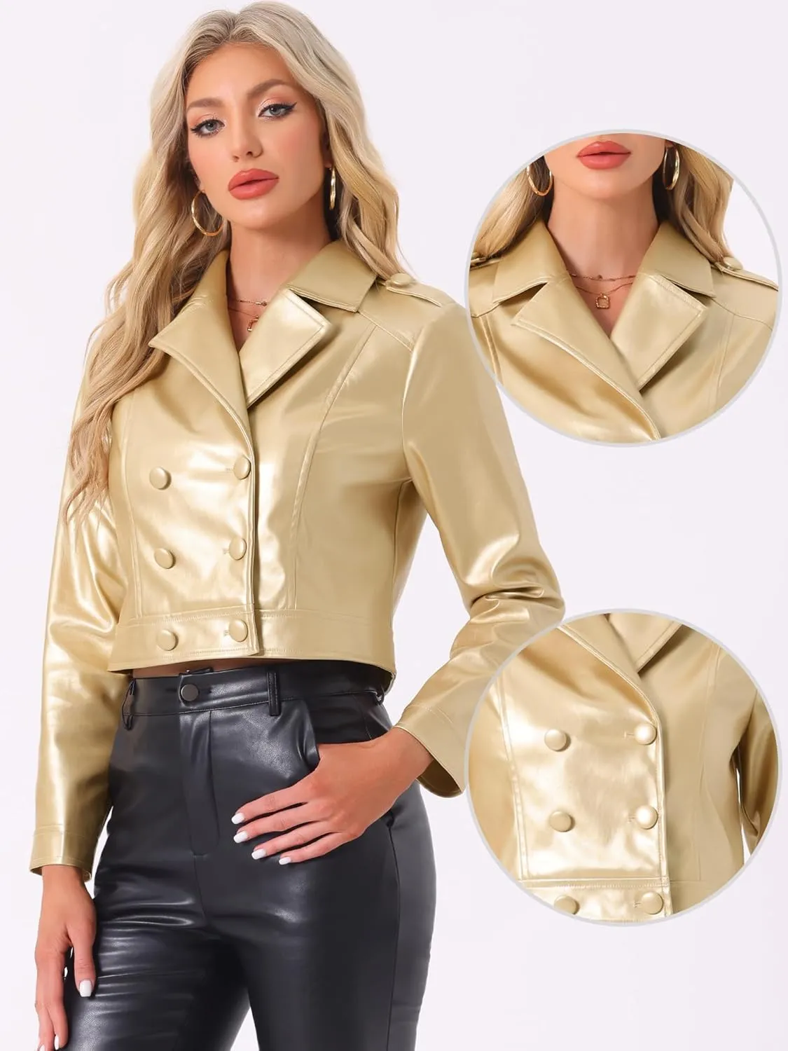 Allegra K Metallic Jacket for Women's Double Breasted Notch Lapel Disco Party Shiny Holographic Jackets