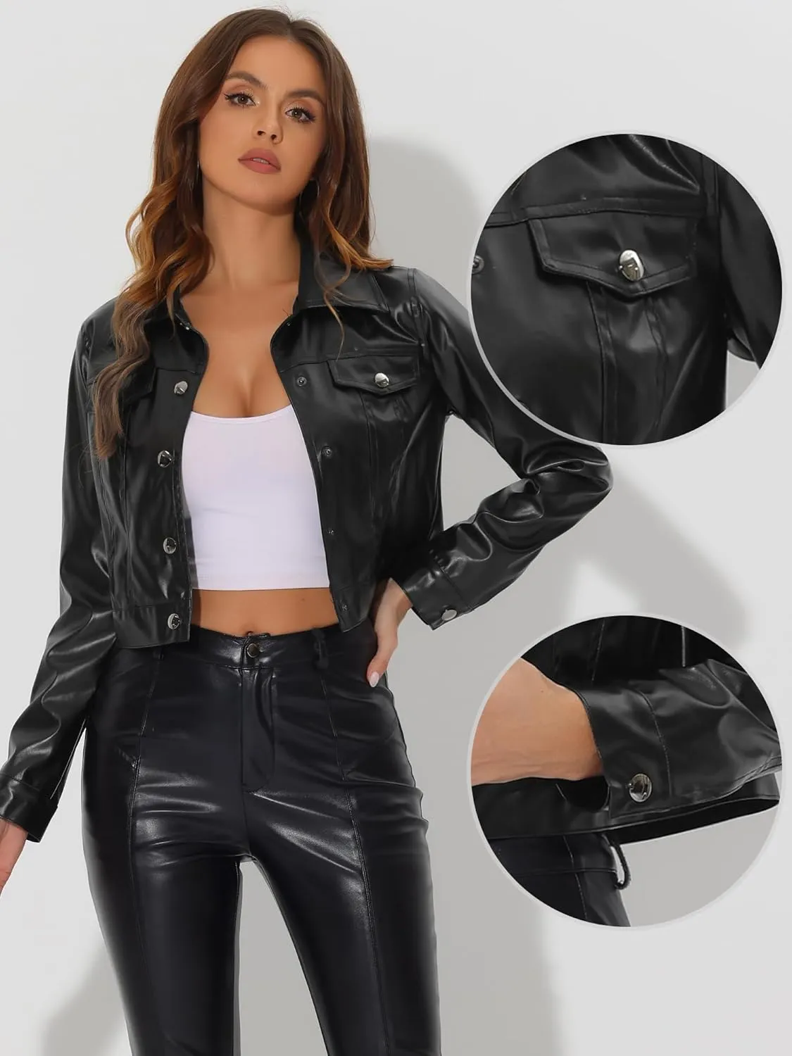 Allegra K Metallic Jacket for Women's Moto Biker Jacket Holographic Shiny Crop Party Jackets